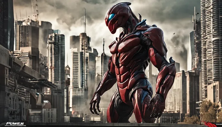 Cinematic image effects，Evil Ultraman，Invasive lobsters，Huge pliers，uncanny，blood vess，，Murderous，Full body like，combats，The city was destroyed，of a real，Facial features are carefully depicted，Realistic skin texture，Dark style，depth of fields，high light，Re...