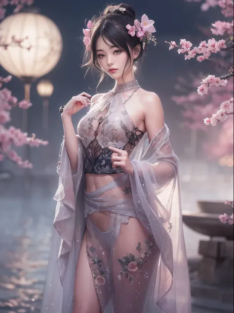 loose outfit、Show shoulders、Navel Ejection、How to wear a gown with a dark see-through halter neck broken、Decorated with intricate patterns and pastel colors、Transparent material that makes the skin shine、Artistic depiction of seductive woman in gown with w...