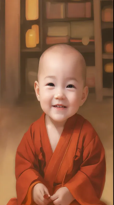 Draw a baby in a red robe sitting on the floor, lovely digital painting, cute portrait, high quality portrait, portrait of monk, adorable digital art, oil digital painting, high quality digital painting, digital oil painting, A digital painting, digital ar...