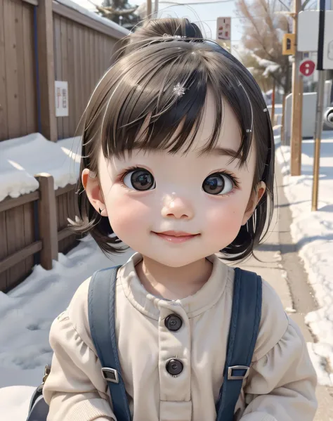 Best quality at best，1girll， a baby face， ssmile， adolable， C4D，This cute baby face appears on a young girl。Her face is petite and delicate，It reveals an atmosphere of youth and innocence。Her complexion was as white as snow，On the way to kindergarten with ...