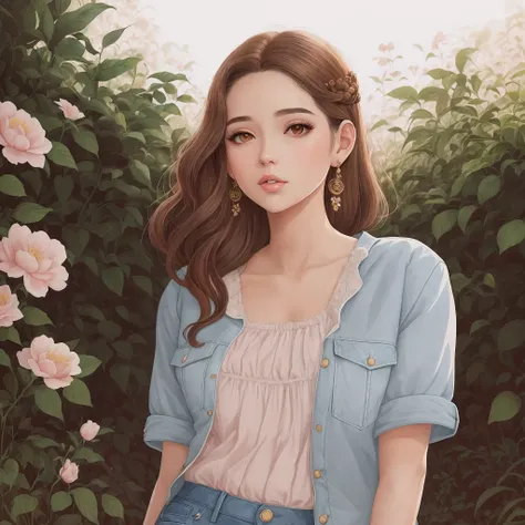 Illustration of a 25-year-old woman with earrings, brown hair, top rendado rosa e shorts jeans curtos, Shes in a garden, Digital illustration style, Cartoon style illustration, belo estilo de arte, Trends in Art, Beautiful digital illustration, bela arte d...