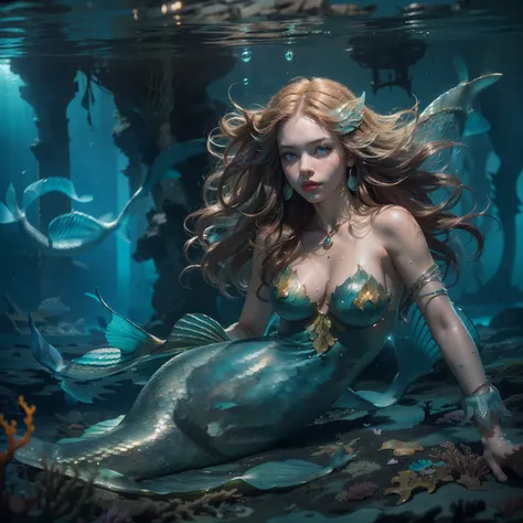 (Numerous award-winning masterpieces of, With incredible details, textures and maximum detail), (Mermaid full body view:1.6), (Ultra photo realsisim:1.4), (Realistic:1.3), (up of the upper body:0.4), (Many gold and silver treasures sank around: 1.8), (best...