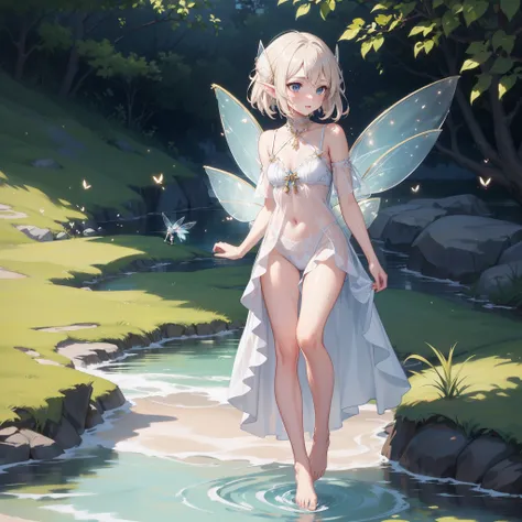 (Transparent fairy wings:1.6),action:1.6,BRAKE dynamic angle,full body shot,low shot,BRAKE very cute female child:1.8,8 yo,1 bird,blue hear:1.5,Playing by the river:1.5,Barefoot,Sweat,BRAKE Summer,day,Flat breasts,BRAKE (4K), (Raw photo: 1.2), (Realism: 1....