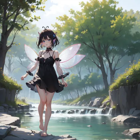 (Transparent fairy wings:1.6),action:1.6,BRAKE dynamic angle,full body shot,low shot,BRAKE very cute female child:1.8,8 yo,1 bird,blue hear:1.5,Playing by the river:1.5,Barefoot,Sweat,BRAKE Summer,day,Flat breasts,BRAKE (4K), (Raw photo: 1.2), (Realism: 1....