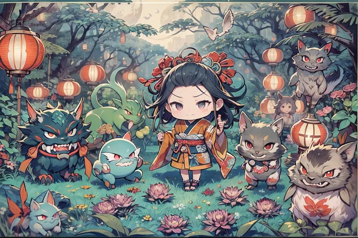 kawaii, chibi, Tiny, Do not go out at midnight. They march in the hazy moonlit night. Never meet them. Various Japanese monsters and sprits, Heian-kyo, Japanese folklore, processions, yokai(Japanese monsters and sprits), Unattended, no Human, Heian-emaki s...