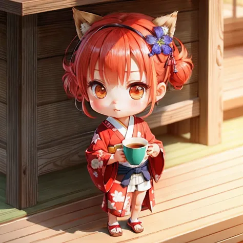 Cute chibi anime in the cup, Wear a red kimono, drinking tea, logo