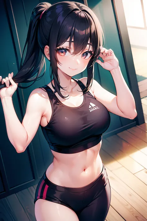 girl with, A dark-haired, Floating hair, poneyTail, kawaii, Smile, Sportsbra, yoga pant, gym, gals