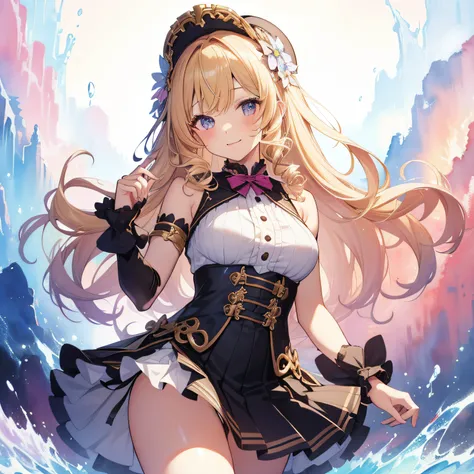 Idol Costumes、frilld、a miniskirt、thighs thighs thighs thighs、Transverse breasts、Sleeveless、Flashy clothes、a blond、(​masterpiece、top-quality、top-quality、watercolor paiting(Curly)、Beautifully Aesthetic:1.2)、(1girl in:1.3)、(Fractal Art:1.3)、looking at the vie...