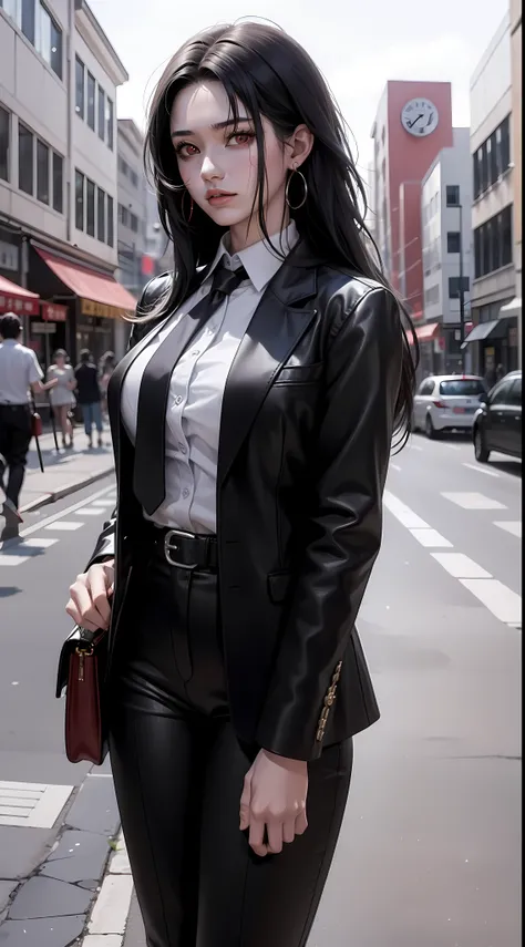 kurenai from anime naruto, dark hair, long hair, red eyes, wearing mascara, perfect body, perfect breasts, beautiful woman, very beautiful, wearing a white formal shirt, dapper dress, formal attire, wearing a black blazer, black pants, tie, wears handbag, ...