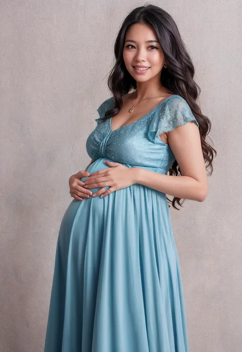 pregnant woman in blue dress posing for a portrait in studio, pregnant belly, light blue dress portrait, belly free teal dress, maternity feeling, pregnant, wearing a flowing dress, wearing a blue dress, with teal clothes, woman in dress, wearing long gown...