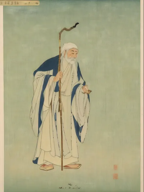 The image of an Araved man in a robe and hat holding a staff, inspired by Kikuchi Yōsai, ancient japanese monk, inspired by Shunkōsai Hokushū, Inspired by Ryūkōsai Jokei, inspired by Sōami, inspired by Eishōsai Chōki, inspired by Yamamoto Shōun