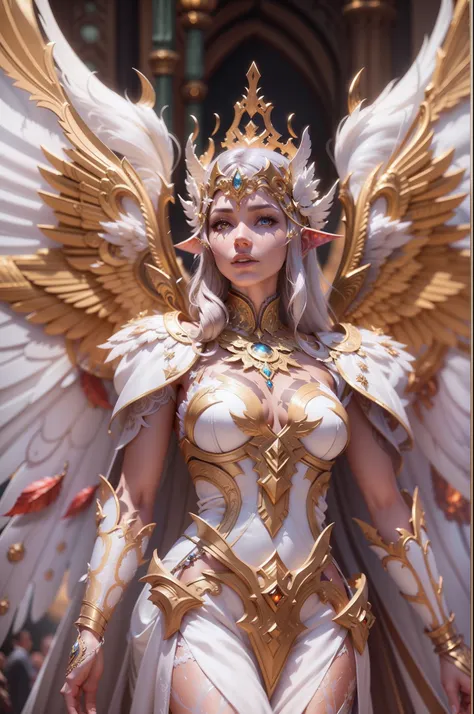 arafed woman in a white and gold costume with wings, concept art , cgsociety contest winner, fantasy art, hyperdetailed fantasy character, fantasy art behance, goddess. extremely high detail, stunning cgsociety, 3d render character art 8 k, a beautiful fan...