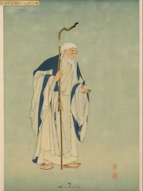 The image of an Araved man in a robe and hat holding a staff, inspired by Kikuchi Yōsai, ancient japanese monk, inspired by Shunkōsai Hokushū, Inspired by Ryūkōsai Jokei, inspired by Sōami, inspired by Eishōsai Chōki, inspired by Yamamoto Shōun