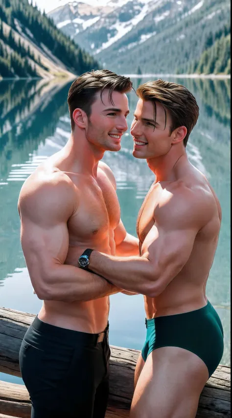 Two sexy men from Europe and the United States, Handsome and handsome, Looks like Chris Evans and Tom Cruise. They embraced each other affectionately，Be loving.They didnt wear anything. They are located on a tranquil lake in a forest surrounded by mountain...