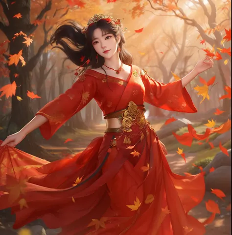 Draw a woman in a red dress in the forest, beautiful autumn spirit, goddess of autumn, author：Gao Fenghan, autumnal empress, Autumn wind, Beautiful digital artwork, Beautiful character painting, by Yang J, author：Zhou Chen, wind blowing leaves, Inspired by...