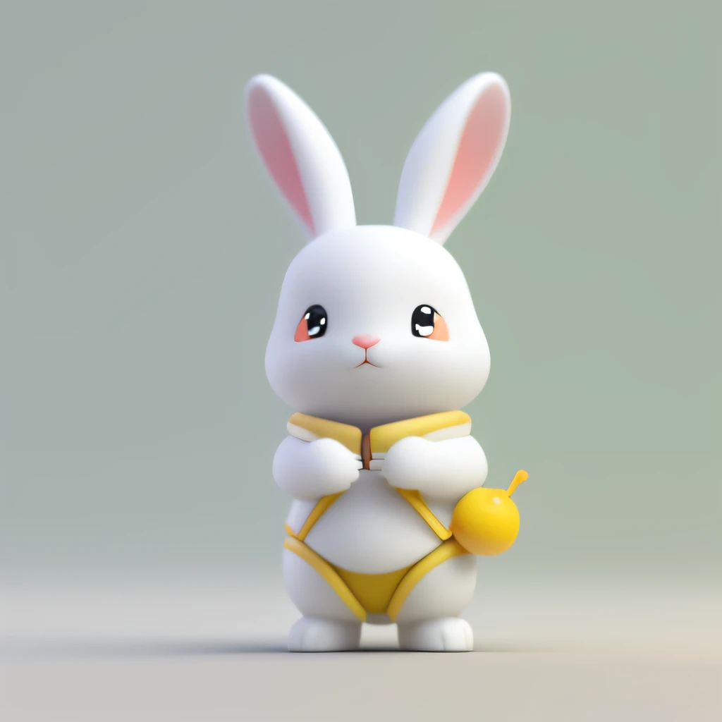 1 cute little white rabbit、（Smooth texture）、（Dont feel furry）、Be red in the face、full bodyesbian、yellow backdrop、simplebackground、Non-human，a blind box toy，3Drenderingof、C4D、hyper HD、4K