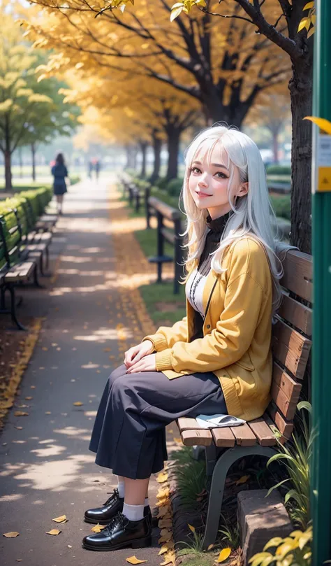 An image of a young girl sitting on a bench in a park, Watch the yellow leaves fall. The girl had long black hair, Big round eyes and a bright smile. She was looking up at the blue sky, Thinking about his life.  Next to the girl, An old woman sitting. The ...