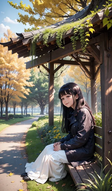 An image of a young girl sitting on a bench in a park, Watch the yellow leaves fall. The girl had long black hair, Big round eyes and a bright smile. She was looking up at the blue sky, Thinking about his life.  Next to the girl, An old woman sitting. The ...