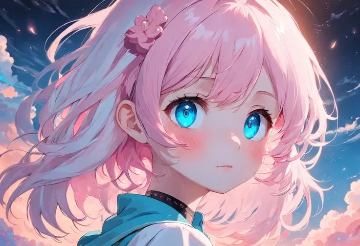 Dreamy pink white hair+Sky blue girl with cyan eyes