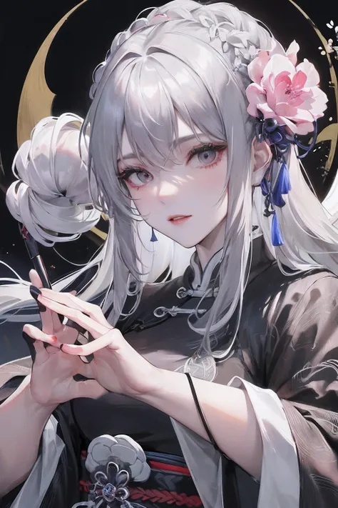 Masterpiece, Best, Night, Full Moon, 1 Female, Mature Woman, Chinese Style, Ancient China, Elder Sister, Royal Sister, Cold Face, Expressionless, Silver White Long Haired Woman, Pale Pink Lips, Calm, Intellectual, Three Belts, Gray Hitomi, assassin, dagger...