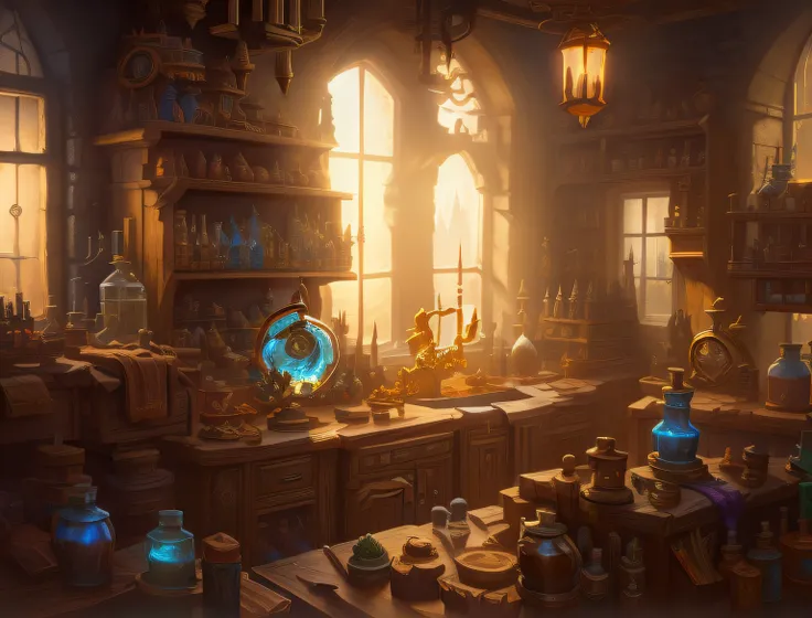 There is a room with many things on the table, fantasy alchemist laboratory, magic laboratory setting, Antecedentes de la Biblioteca Alquimista, Laboratorio de Wizards, Laboratorio de Alquimia, Antecedentes de Magic Lab, en una tienda de pociones, inside a...