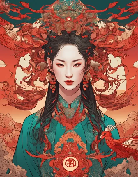 （hoang lap、high high quality、ultra detailed to hand），Four divine beasts phoenix，Similar to Latin goodness，bravery，willful，Productive，The face of enterprising and humanitarianism，sunset reddish hair，TRADITIONAL CHINESE COSTUMES、red color Hanfu，with a volcan...