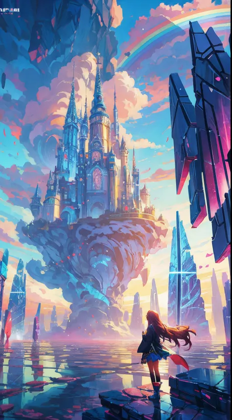 Anime girl standing in big city looking at rainbow sky,Near Future City、 makoto shinkai cyril rolando, anime art wallpaper 4k, anime art wallpaper 4k, Anime art wallpaper 8k, inspired by Cyril Rolando, in the style dan mumford artwork, amazing wallpapers, ...