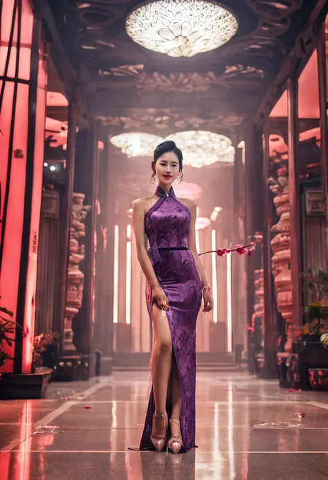 Superb image quality，8K material，Sexy woman，Full body photo，Peerless looks，Chinese face，Wearing a transparent silk cheongsam，Sheer high-slit cheongsam，Crystal sexy heels，simplebackground，Perfect curves and lines，perfect bodies，9 head body，perfectly proport...