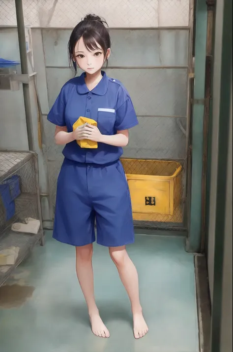 cute girl in yellow prison uniform barefoot，without wearing shoes，carry out labor reform，female prisoners，behind bars，yellow pri...