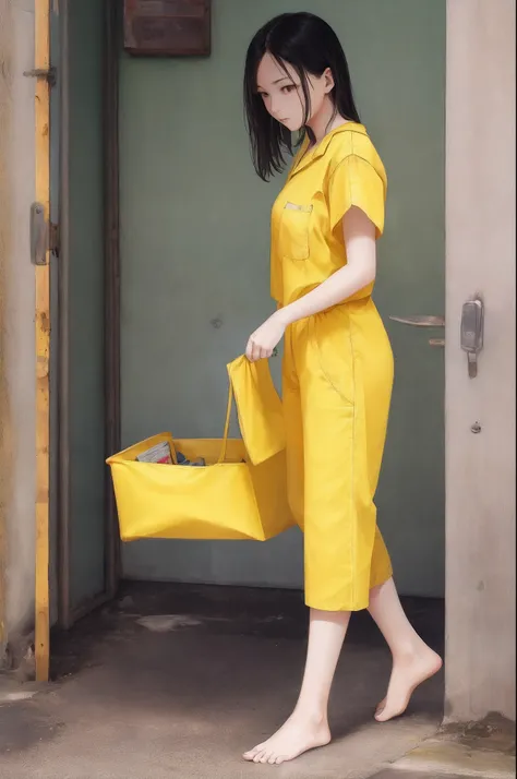 Cute girl in yellow prison uniform barefoot，without wearing shoes，Carry out labor reform，Female prisoners，behind bars，Yellow prison uniform