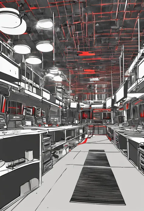 There are many black servers in a row in one room，A quadripartite detector with a flashing light is 1 above the ground.2 meters height position，The detector sticks out of a tiny red tube and comes out above the ceiling