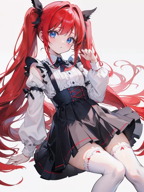 red hair,blue eyes,twintails,maid, long hair, long sleeves, gothic, solo, loli,Short skirt, white stockings,{{best quality}}, {{masterpiece}}, {{ultra-detailed}}, {illustration}, {detailed light}, {an extremely delicate and beautiful},little girl,cute,