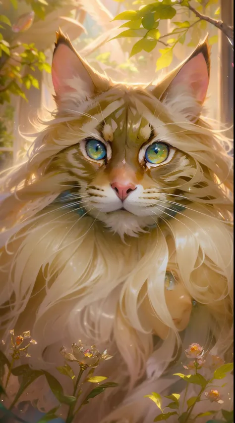 ((ultra-detailed)), (highly detailed CG illustration), ((an extremely delicate and beautiful russet maincoon)), cinematic light, The art piece should contain elements of both mythic fantasy  with colorful accents. ((Utilize various shades of beige and wate...