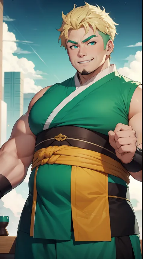 Adult Fat Man, short blonde hair, Cyan eyes, Green Hanfu sleeveless, Drunken Master, Smile, Masterpiece, hiquality