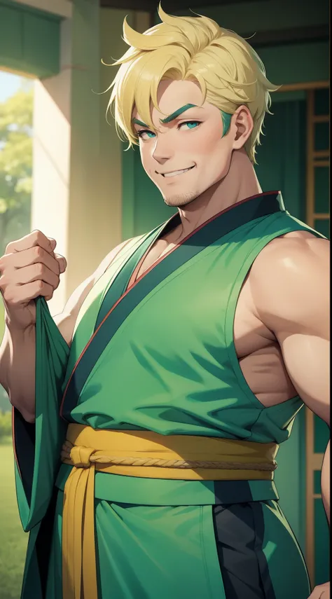 Adult Fat Man, short blonde hair, Cyan eyes, Green Hanfu sleeveless, Drunken Master, Smile, Masterpiece, hiquality