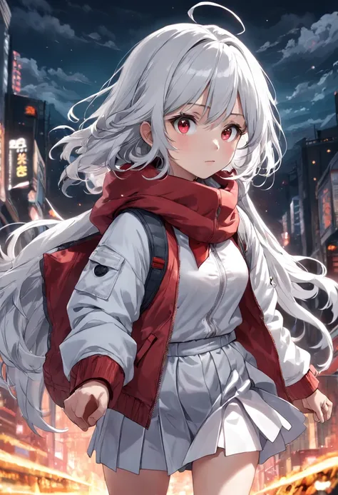 Girl with gray hair and white pupils in a white down jacket，Short gray skirt with crimson cotton cap，Wrapped around a gray scarf