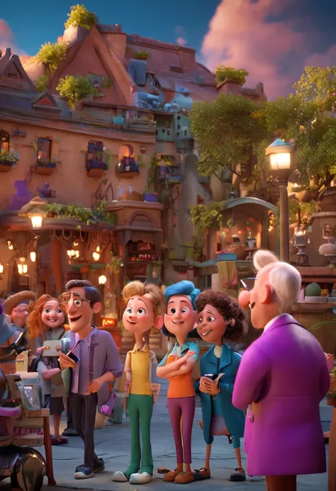 The tour guide introduces the living environment to the elderly，pixar-style