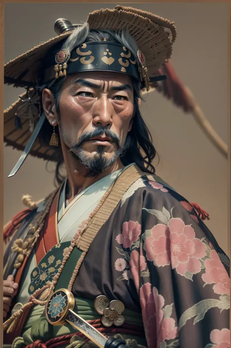 {{{35mm photograph, film, DSLR, professional, 8k, highly detailed, photorealistic, masterpiece, best quality, super clean resolution, highest res, award-winning photo}}}, a close up of a person with a sword and a hat, clothed in old samurai uniform, inspir...