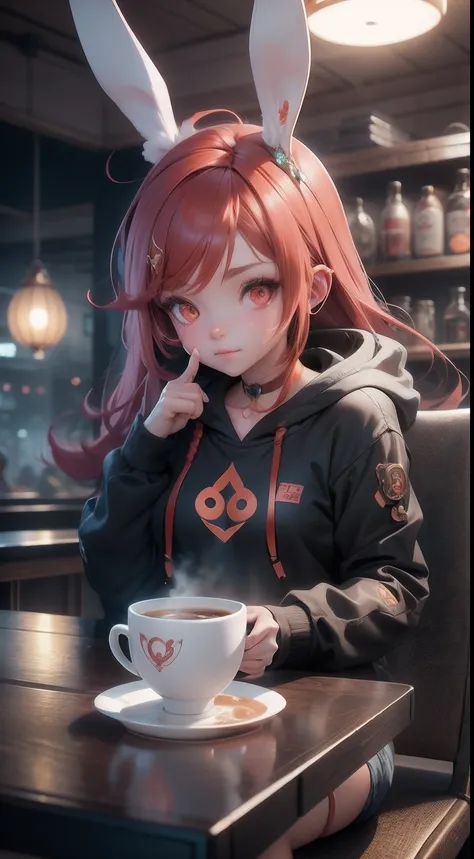 Beautiful girl with red straight hair and red eyes, long bunny ears, thumb up, Sitting in a coffee shop, during night, She wears an orange hoodie, Nostalgic and melancholic atmosphere, Cup on the table, Detailed digital anime art, Loish et WLOP, Cute anime...