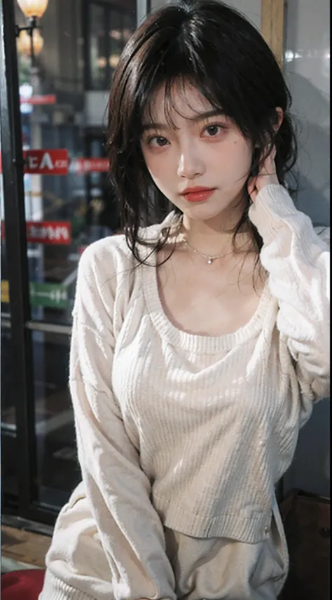 best qualtiy， 超高分辨率， （realisticlying：1.4），Baoyu Girl，1girll, with long coiled hair，Blushlush，Looking into the distance，nedium breasts，Cropped red sweater，a sense of atmosphere，Beautiful woman with a slim figure:1.4, Pronounced abs，Ultra-fine face，Elaborate...