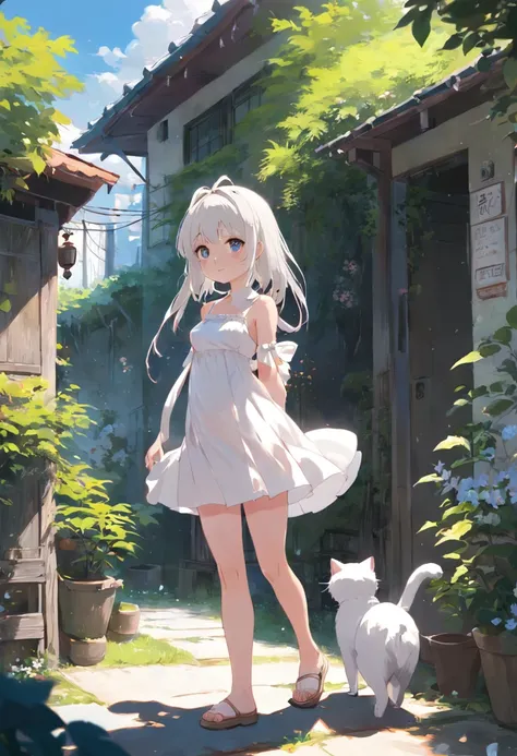 Anime girl in white dress standing in garden with cat, Hang the laundry outside to dry，loli in dress, small curvaceous loli, Guviz-style artwork, Guweiz in Pixiv ArtStation, Guweiz on ArtStation Pixiv, Guviz, small loli girl, Soft anime illustration, Anime...