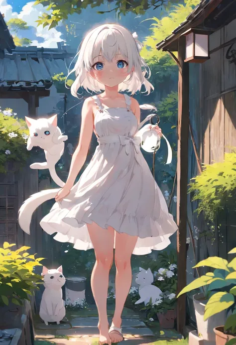 Anime girl in white dress standing in garden with cat, Hang the laundry outside to dry，loli in dress, small curvaceous loli, Guviz-style artwork, Guweiz in Pixiv ArtStation, Guweiz on ArtStation Pixiv, Guviz, small loli girl, Soft anime illustration, Anime...