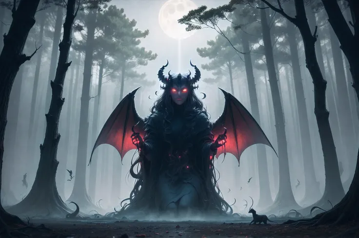 Night of One Hundred Demons. The scene is set in a moonlit forest clearing, surrounded by ((100 demons:1.3)) in the background of ancient, twisted trees with gnarled branches, casting eerie, elongated shadows on the ground. The clearing itself is filled wi...