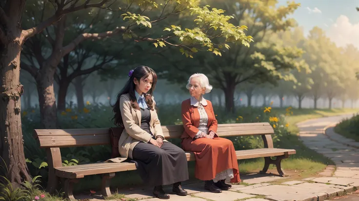 The tedious girl and the old woman were sitting on a stone bench --auto --s2