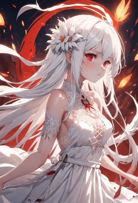 Wearing an extra-long lace white dress，Girl with white hair and red pupils，Fantastic and gorgeous，With white flowers and feathers on the head，A large white scythe in his hand