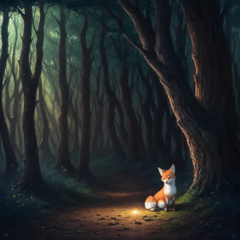 Baby Fox, Blue Eyes, Sitting in the Wood, Beam of Light, Dream Quality, Angle Face, Digital Art