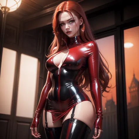 Realistic, majestic, cinematic,18 yo auburn hair attractive female dressed in a semi transparent red latex miniskirt, wearing dark nylon stockings,with gothic makeup , surreal background