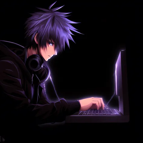 a typing cool anime boy character with dark background