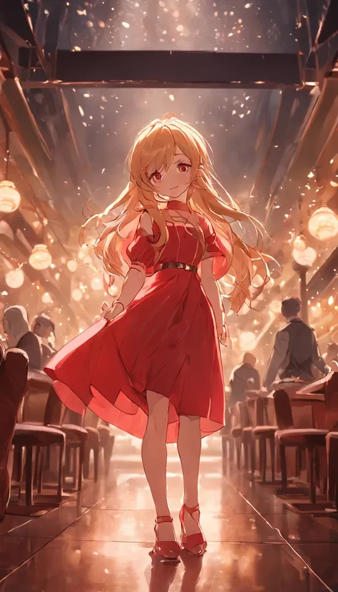 cinematic quality，Disney Animation Style，Cute girl with long golden hair in red dress。Restaurant at night。Detailed hair，high-heels，depth of fields，Highlight，Real Light，Ray traching，OC rendering，Ultra photo realsisim，best qualtiy，in 8K，Master the technology...