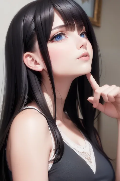 best quality, masterpiece, black hair, blue eyes, looking up, upper body